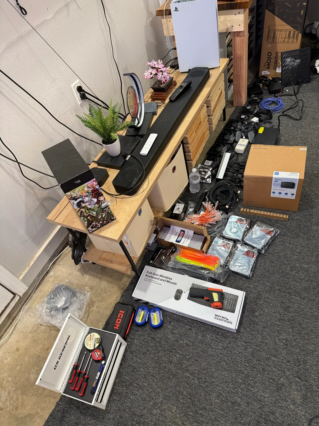 Cluster parts, tools, and hardware laid out before assembly.